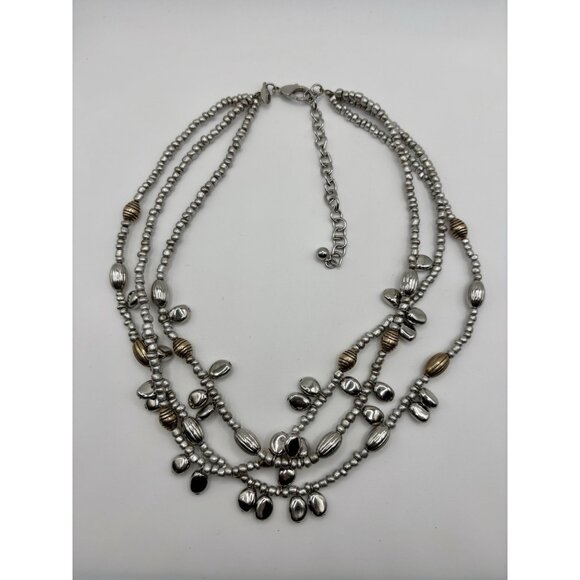 Chico's Brushed Silver Tone & Brass Beaded Layered MultiStrand Necklace - Picture 2 of 3
